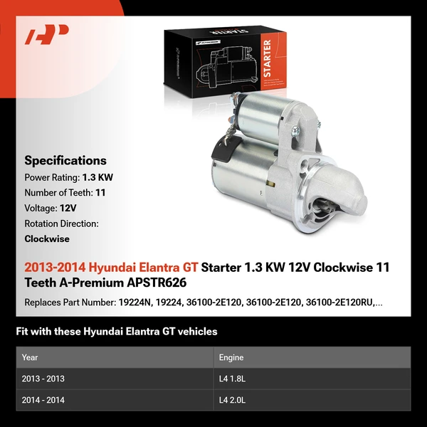 2013-2014 Hyundai Elantra GT Starter 1.3 KW 12V Clockwise 11 Teeth A-Premium APSTR626