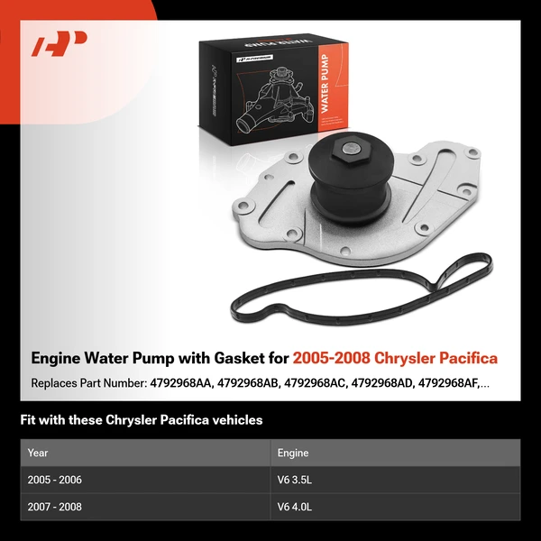 Engine Water Pump with Gasket for 2005-2008 Chrysler Pacifica