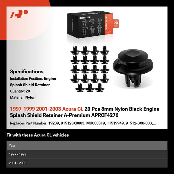 1997-1999 2001-2003 Acura CL 20 Pcs 8mm Nylon Black Engine Splash Shield Retainer A-Premium APRCF4276
