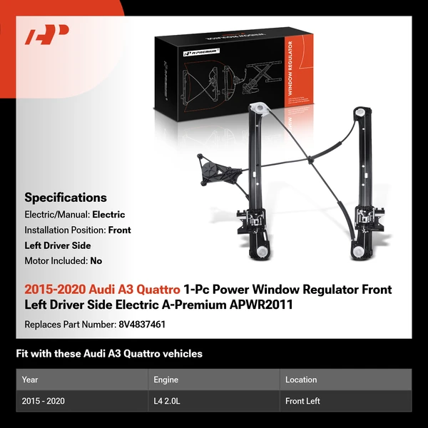 2015-2020 Audi A3 Quattro 1-Pc Power Window Regulator Front Left Driver Side Electric A-Premium APWR2011