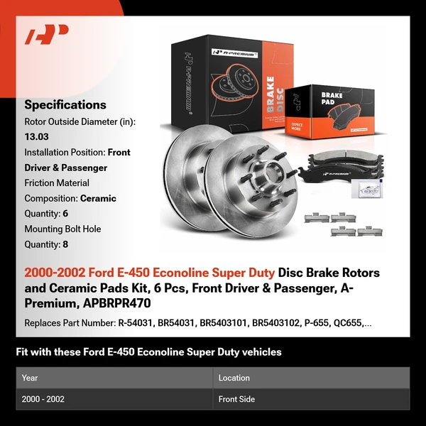 2000-2002 Ford E-450 Econoline Super Duty Disc Brake Rotors and Ceramic Pads Kit, 6 Pcs, Front Driver & Passenger, A-Premium, APBRPR470
