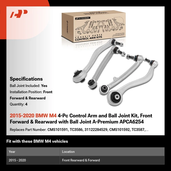 2015-2020 BMW M4 4-Pc Control Arm and Ball Joint Kit, Front Forward & Rearward with Ball Joint A-Premium APCA6254