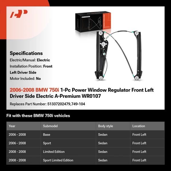 2006-2008 BMW 750i 1-Pc Power Window Regulator Front Left Driver Side Electric A-Premium WR0107