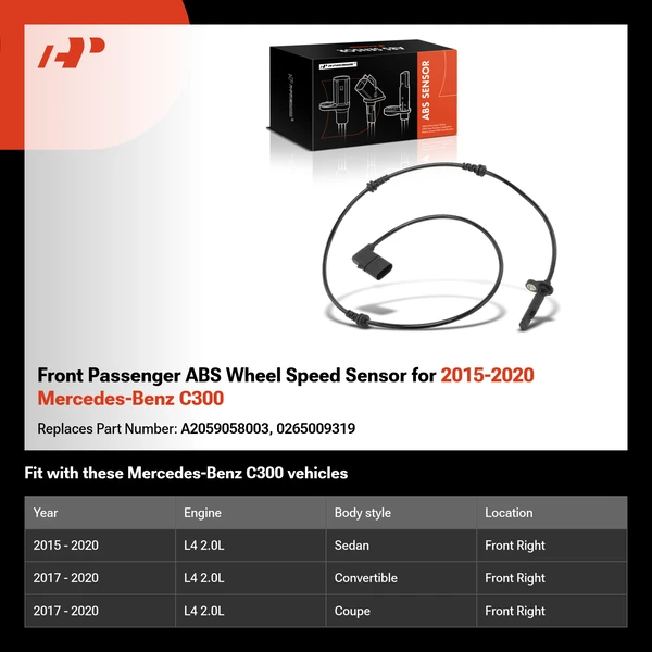 Front Passenger ABS Wheel Speed Sensor for 2015-2020 Mercedes-Benz C300
