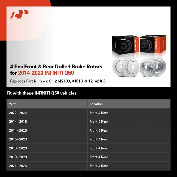 4 Pcs Front & Rear Drilled Brake Rotors for 2014-2023 INFINITI Q50