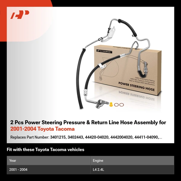 2 Pcs Power Steering Pressure & Return Line Hose Assembly for 2001-2004 Toyota Tacoma