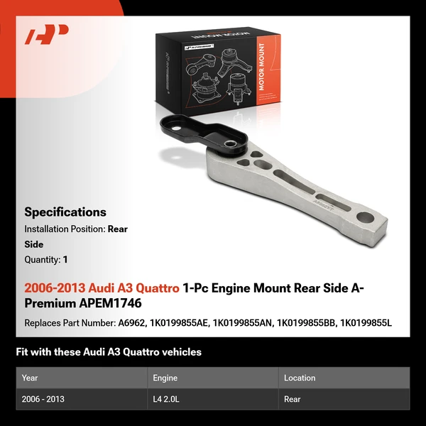 2006-2013 Audi A3 Quattro 1-Pc Engine Mount Rear Side A-Premium APEM1746