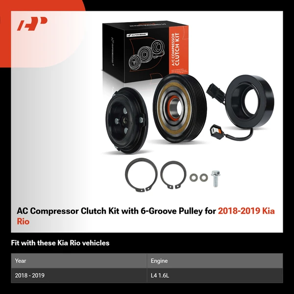 AC Compressor Clutch Kit with 6-Groove Pulley for 2018-2019 Kia Rio