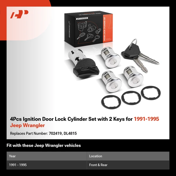 4Pcs Ignition Door Lock Cylinder Set with 2 Keys for 1991-1995 Jeep Wrangler