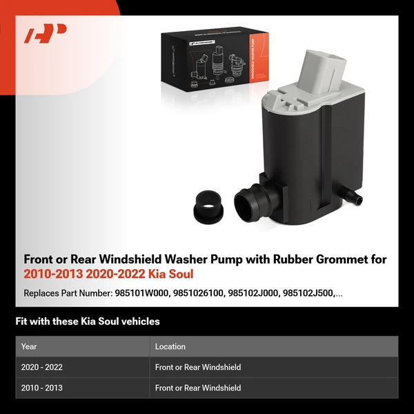 Front or Rear Windshield Washer Pump with Rubber Grommet for 2010-2013 2020-2022 Kia Soul