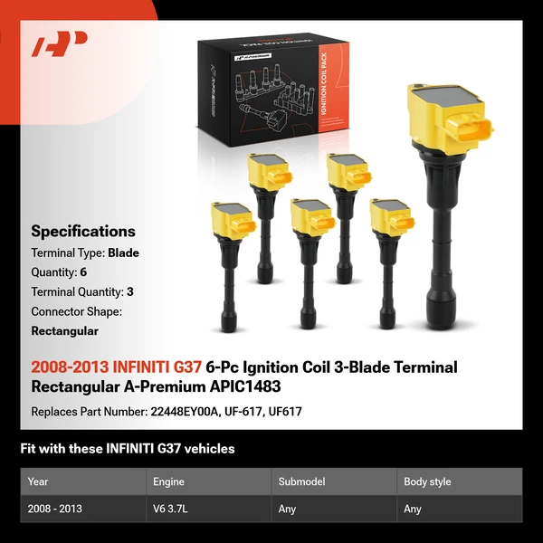 2008-2013 INFINITI G37 6-Pc Ignition Coil 3-Blade Terminal Rectangular A-Premium APIC1483