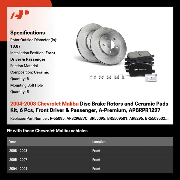 2004-2008 Chevrolet Malibu Disc Brake Rotors and Ceramic Pads Kit, 6 Pcs, Front Driver & Passenger, A-Premium, APBRPR1297