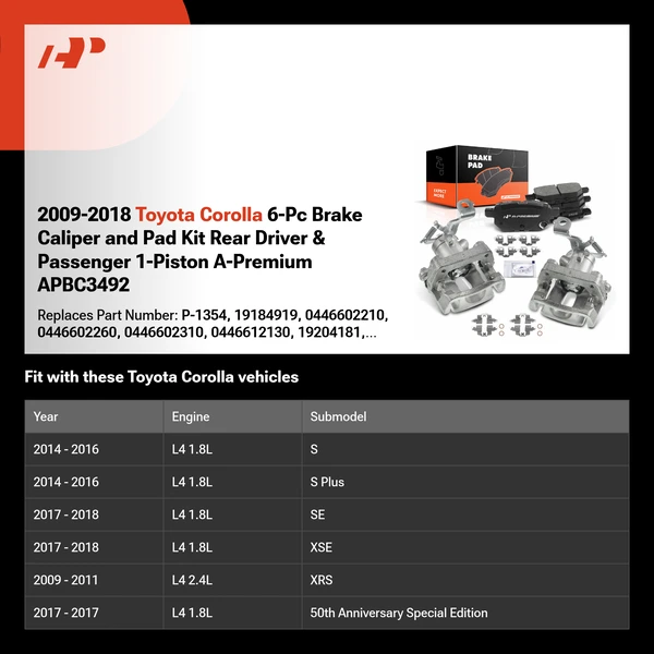 2009-2018 Toyota Corolla 6-Pc Brake Caliper and Pad Kit Rear Driver & Passenger 1-Piston A-Premium APBC3492