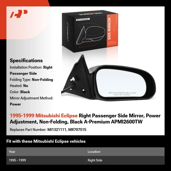 1995-1999 Mitsubishi Eclipse Right Passenger Side Mirror, Power Adjustment, Non-Folding, Black A-Premium APMI2600TW
