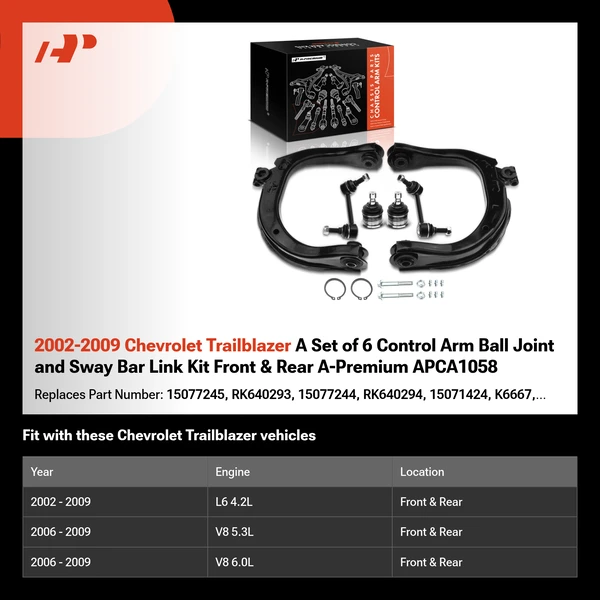 2002-2009 Chevrolet Trailblazer A Set of 6 Control Arm Ball Joint and Sway Bar Link Kit Front & Rear A-Premium APCA1058