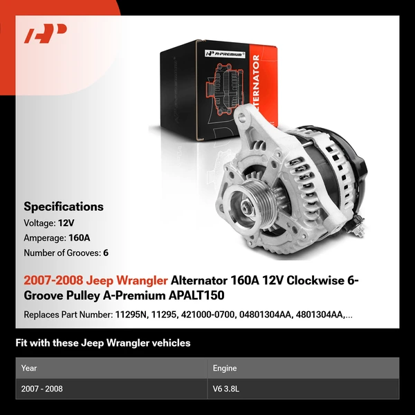 2007-2008 Jeep Wrangler Alternator 160A 12V Clockwise 6-Groove Pulley A-Premium APALT150