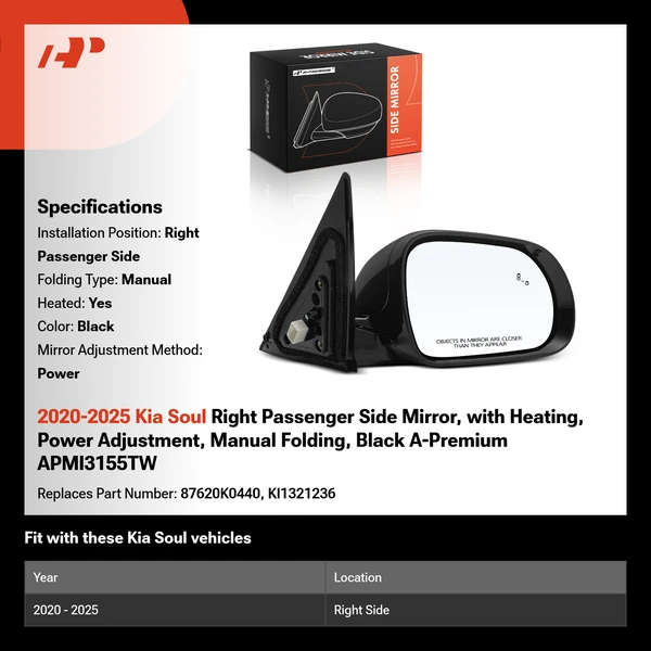 2020-2025 Kia Soul Right Passenger Side Mirror, with Heating, Power Adjustment, Manual Folding, Black A-Premium APMI3155TW