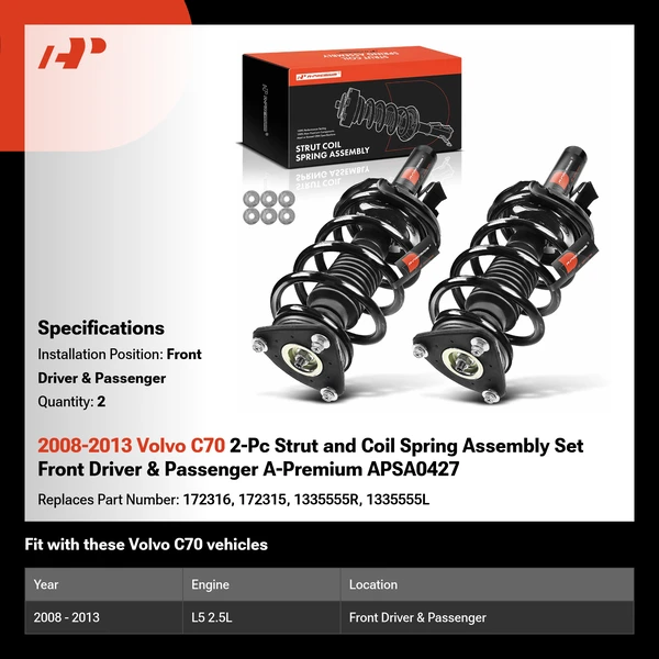 2008-2013 Volvo C70 2-Pc Strut and Coil Spring Assembly Set Front Driver & Passenger A-Premium APSA0427