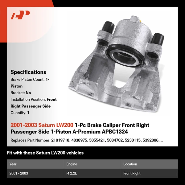 2001-2003 Saturn LW200 1-Pc Brake Caliper Front Right Passenger Side 1-Piston A-Premium APBC1324