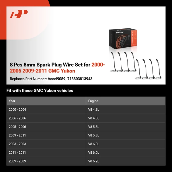 8 Pcs 8mm Spark Plug Wire Set for 2000-2006 2009-2011 GMC Yukon