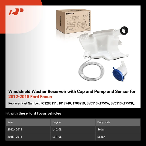Windshield Washer Reservoir with Cap and Pump and Sensor for 2012-2018 Ford Focus