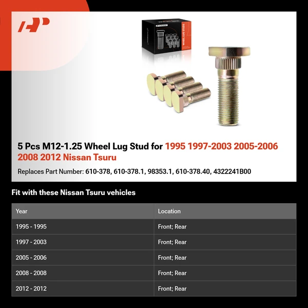5 Pcs M12-1.25 Wheel Lug Stud for 1995 1997-2003 2005-2006 2008 2012 Nissan Tsuru