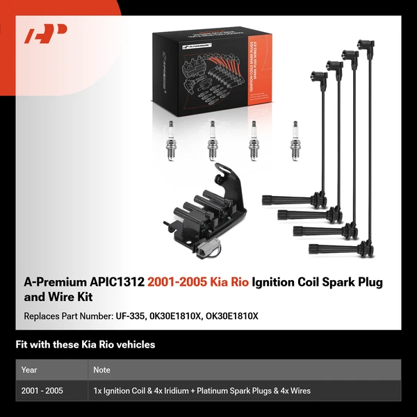 A-Premium APIC1312 2001-2005 Kia Rio Ignition Coil Spark Plug and Wire Kit
