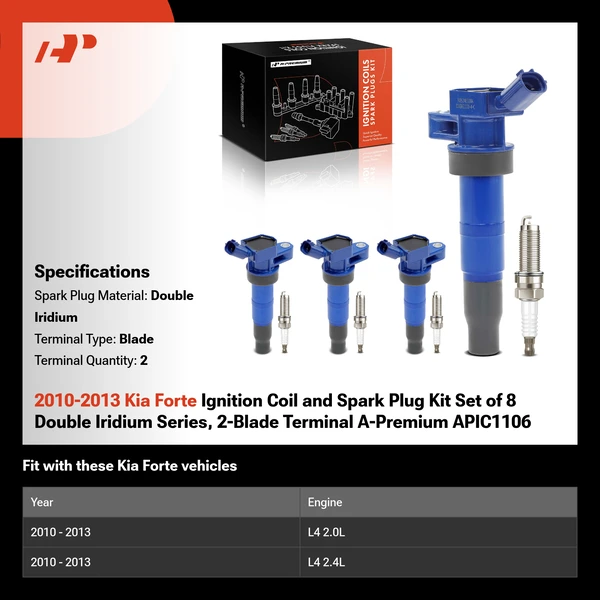 2010-2013 Kia Forte Ignition Coil and Spark Plug Kit Set of 8 Double Iridium Series, 2-Blade Terminal A-Premium APIC1106