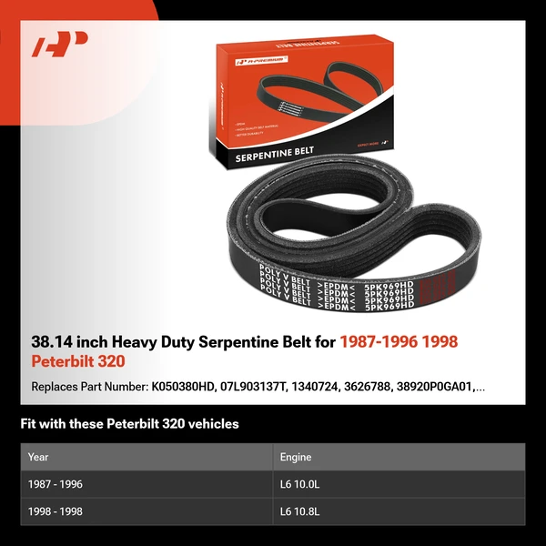 38.14 inch Heavy Duty Serpentine Belt for 1987-1996 1998 Peterbilt 320