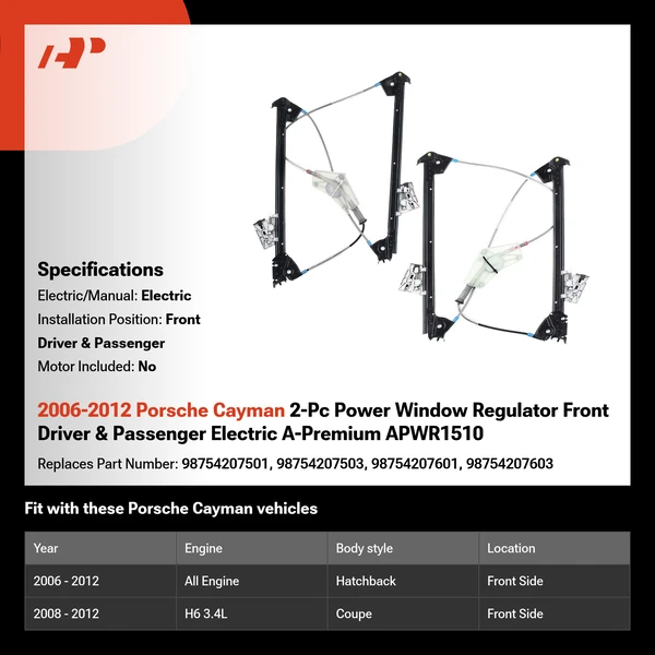 2006-2012 Porsche Cayman 2-Pc Power Window Regulator Front Driver & Passenger Electric A-Premium APWR1510