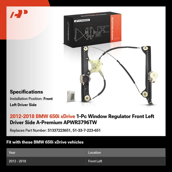 2012-2018 BMW 650i xDrive 1-Pc Window Regulator Front Left Driver Side A-Premium APWR3796TW