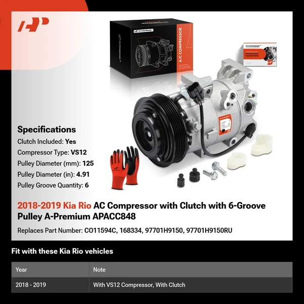 2018-2019 Kia Rio AC Compressor with Clutch with 6-Groove Pulley A-Premium APACC848