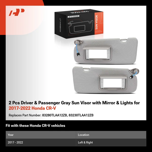 2 Pcs Driver & Passenger Gray Sun Visor with Mirror & Lights for 2017-2022 Honda CR-V