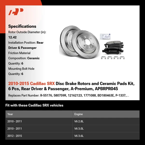 2010-2015 Cadillac SRX Disc Brake Rotors and Ceramic Pads Kit, 6 Pcs, Rear Driver & Passenger, A-Premium, APBRPR045