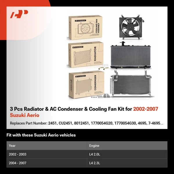 3 Pcs Radiator & AC Condenser & Cooling Fan Kit for 2002-2007 Suzuki Aerio