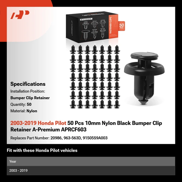 2003-2019 Honda Pilot 50 Pcs 10mm Nylon Black Bumper Clip Retainer A-Premium APRCF603