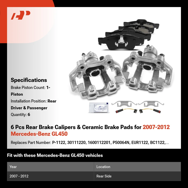 6 Pcs Rear Brake Calipers & Ceramic Brake Pads for 2007-2012 Mercedes-Benz GL450