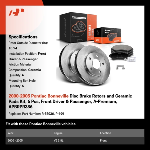 2000-2005 Pontiac Bonneville Disc Brake Rotors and Ceramic Pads Kit, 6 Pcs, Front Driver & Passenger, A-Premium, APBRPR386