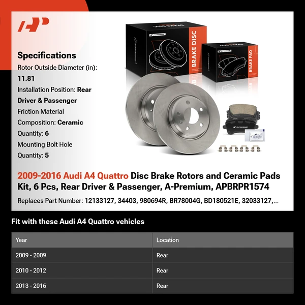 2009-2016 Audi A4 Quattro Disc Brake Rotors and Ceramic Pads Kit, 6 Pcs, Rear Driver & Passenger, A-Premium, APBRPR1574