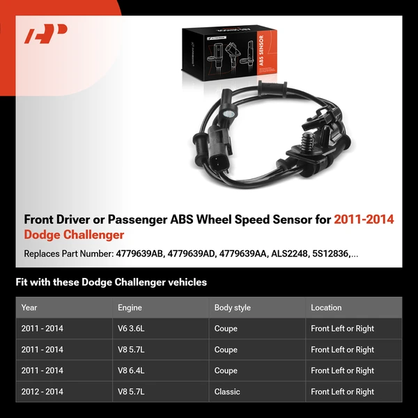 Front Driver or Passenger ABS Wheel Speed Sensor for 2011-2014 Dodge Challenger