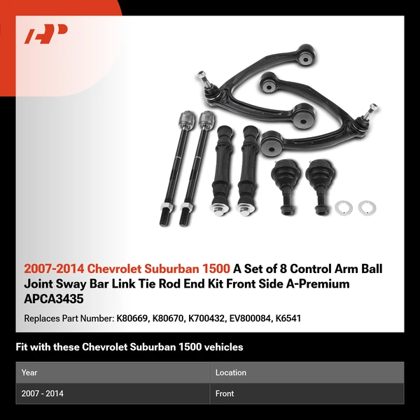 2007-2014 Chevrolet Suburban 1500 A Set of 8 Control Arm Ball Joint Sway Bar Link Tie Rod End Kit Front Side A-Premium APCA3435