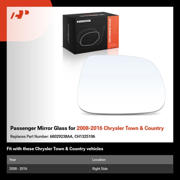 Passenger Mirror Glass for 2008-2016 Chrysler Town & Country