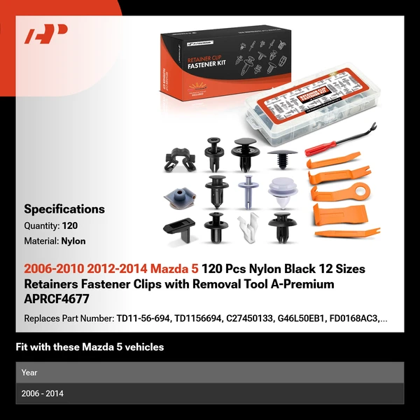 2006-2010 2012-2014 Mazda 5 120 Pcs Nylon Black 12 Sizes Retainers Fastener Clips with Removal Tool A-Premium APRCF4677