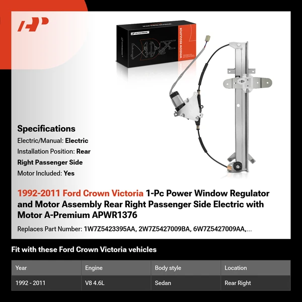 1992-2011 Ford Crown Victoria 1-Pc Power Window Regulator and Motor Assembly Rear Right Passenger Side Electric with Motor A-Premium APWR1376