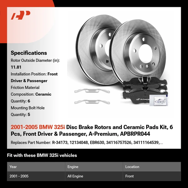 2001-2005 BMW 325i Disc Brake Rotors and Ceramic Pads Kit, 6 Pcs, Front Driver & Passenger, A-Premium, APBRPR044