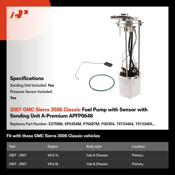 2007 GMC Sierra 3500 Classic Fuel Pump with Sensor with Sending Unit A-Premium APFP0648