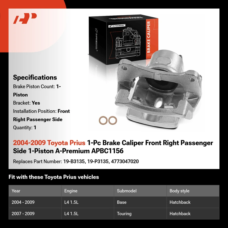 2004-2009 Toyota Prius 1-Pc Brake Caliper Front Right Passenger Side 1-Piston A-Premium APBC1156