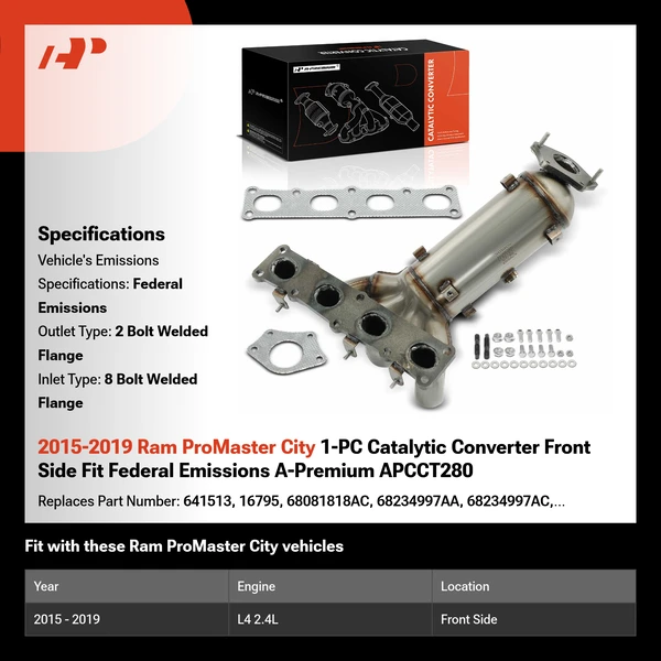 2015-2019 Ram ProMaster City 1-PC Catalytic Converter Front Side Fit Federal Emissions A-Premium APCCT280