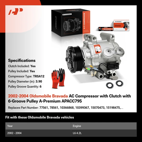 2002-2004 Oldsmobile Bravada AC Compressor with Clutch with 6-Groove Pulley A-Premium APACC795