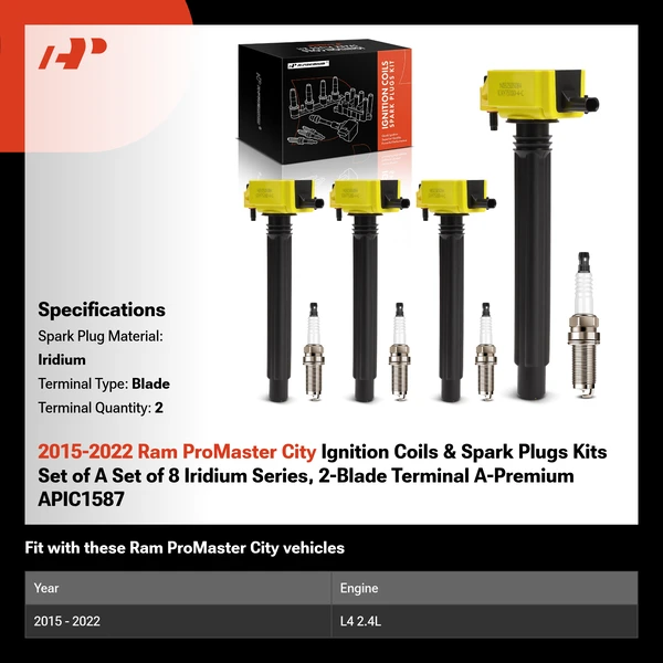 2015-2022 Ram ProMaster City Ignition Coils & Spark Plugs Kits Set of A Set of 8 Iridium Series, 2-Blade Terminal A-Premium APIC1587